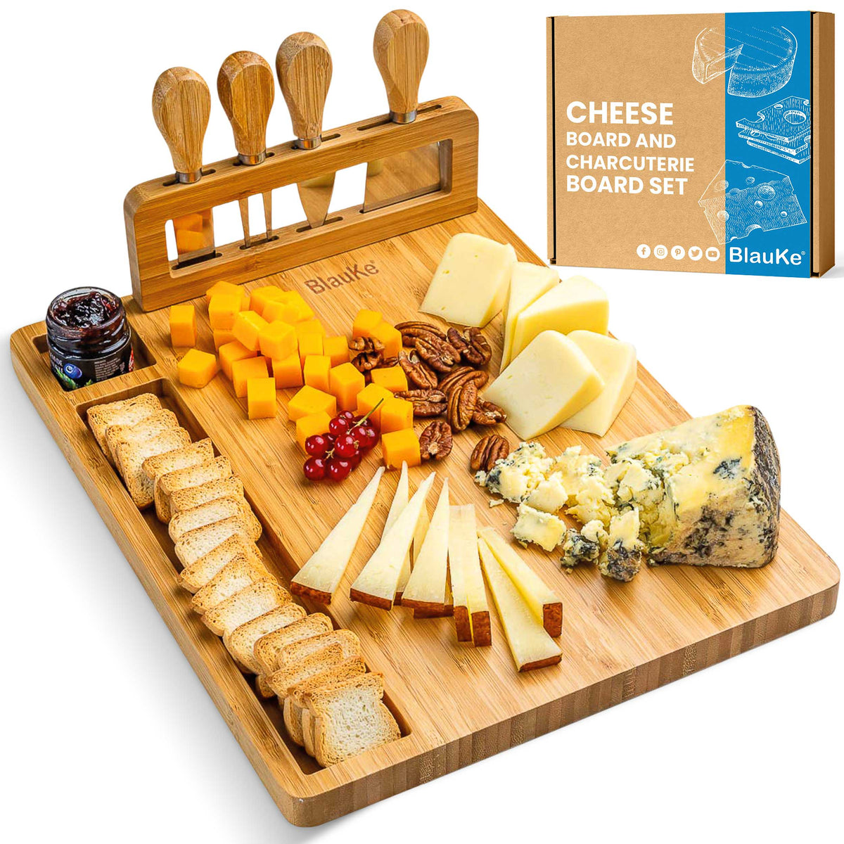Bamboo Cheese Board and Knife Set - 14x11 inch Charcuterie Board with 4 Cheese Knives - Wood Serving Tray