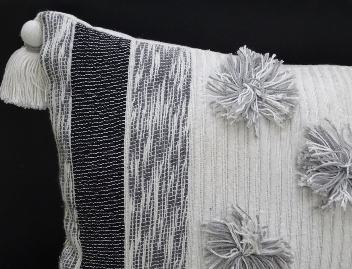 Melange Striped Throw Pillow with Large Poms and Tassels 14"x24"