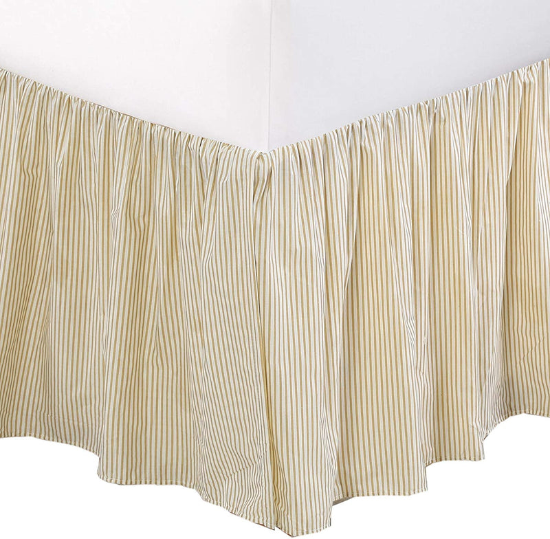 Tailored Bed Skirt Farmhouse Ticking Cream Golden & Yellow Caramel Cotton Striped Ruffled Dust Ruffle,  16" Drop