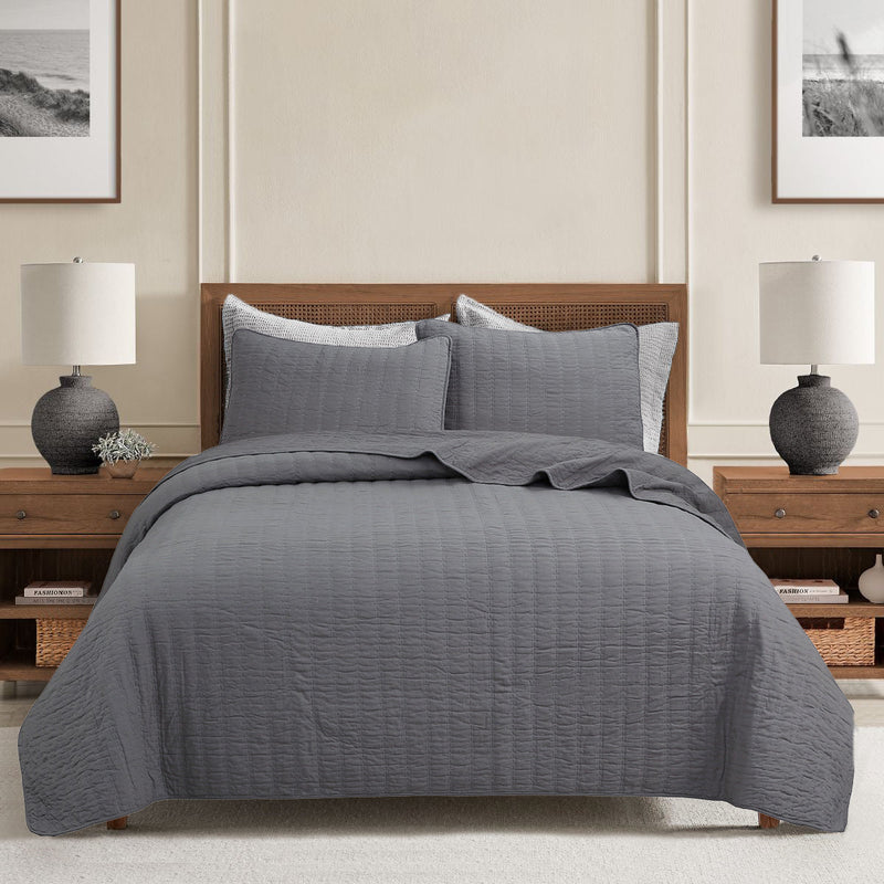 Stripe Staple Channel Lines Classic Solid Chic Gray 3 Piece Cotton Quilt Bedding Set