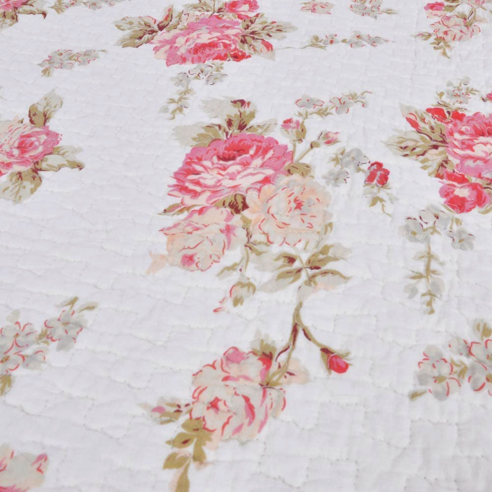 Spring Rose Floral Scalloped Cotton Quilted Reversible Decor Throw Blanket